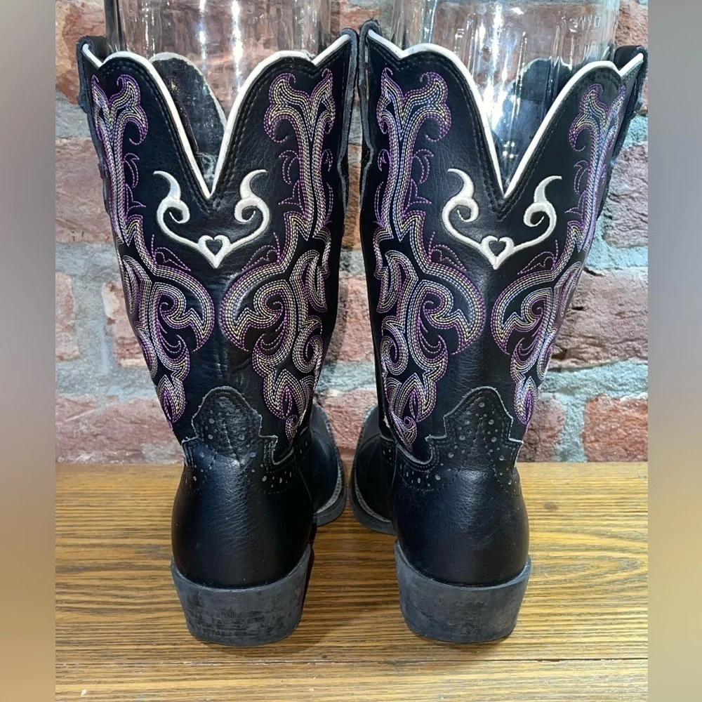 Justin stampede boot 2554JR Black and purple Deercow leather Size 2D